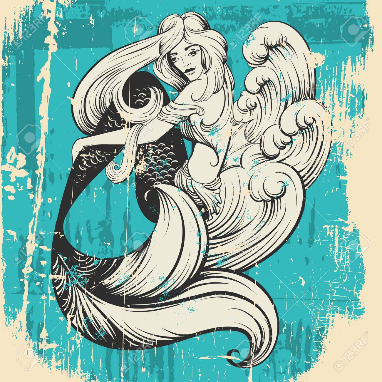 長い髪と海の波が狂った美人魚のベクトルイラストがリアルな手描きスケッチ線スタイル ポストカードポスターバナーとtシャツ用プリント用テンプレート の イラスト素材 ベクタ Image