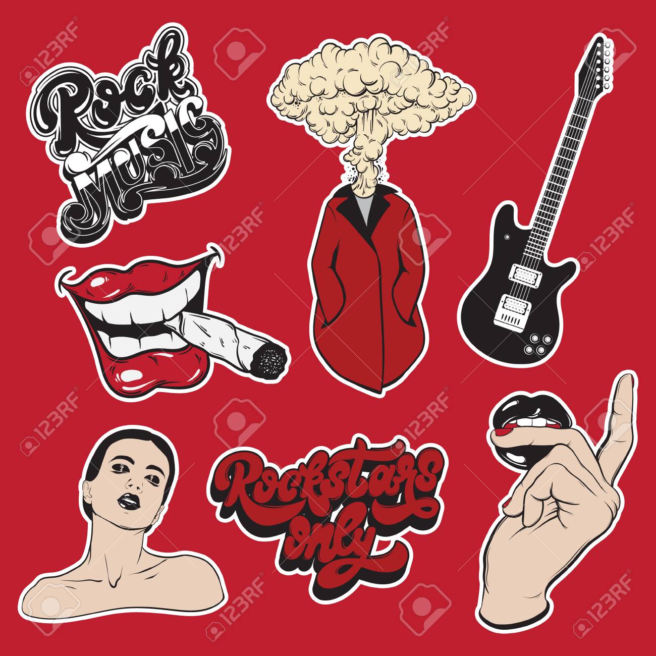 ギターとロックンロールとピンとファッションバッジのベクター手描きのコレクション カード ポスター バナー Tシャツ用プリント用テンプレートのイラスト素材 ベクタ Image