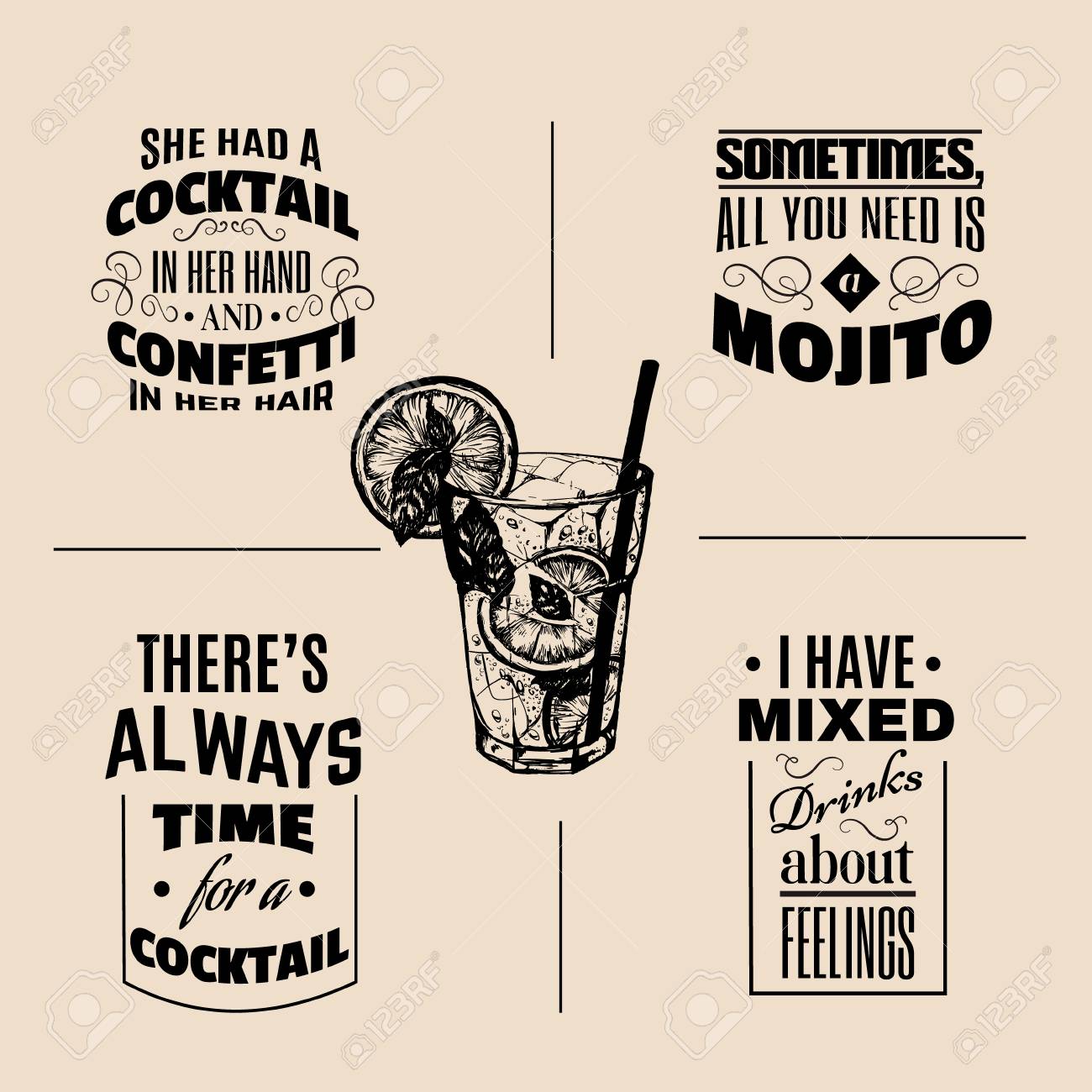 Collection Of Quote About Cocktail Drinks Typographical Backgrounds In Hand  Drawn Sketch Of Mojito With Slice Of Lime And Straw. Bar Menu Design.  Royalty Free SVG, Cliparts, Vectors, and Stock Illustration. Image, image size:1300x1300
