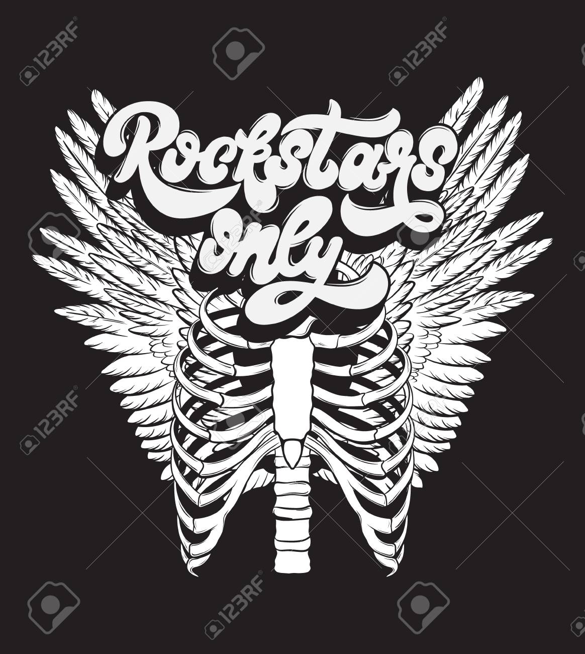 手書きのレタリング 翼を持つ人間の肋骨のベクトル手描きイラスト カード ポスター バナー Tシャツ ピン バッジ パッチのための印刷のためのテンプレート のイラスト素材 ベクタ Image