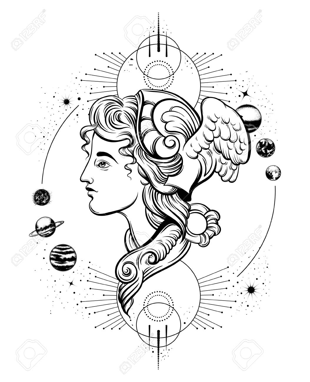 vector hand drawn illustration of planets template for card