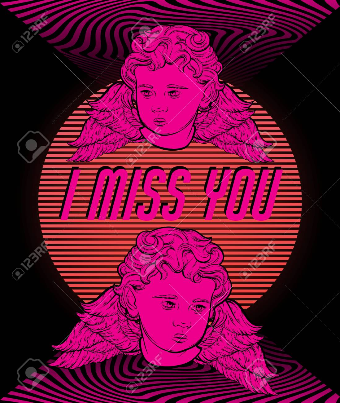 i miss you vector poster with hand drawn illustration of cupids