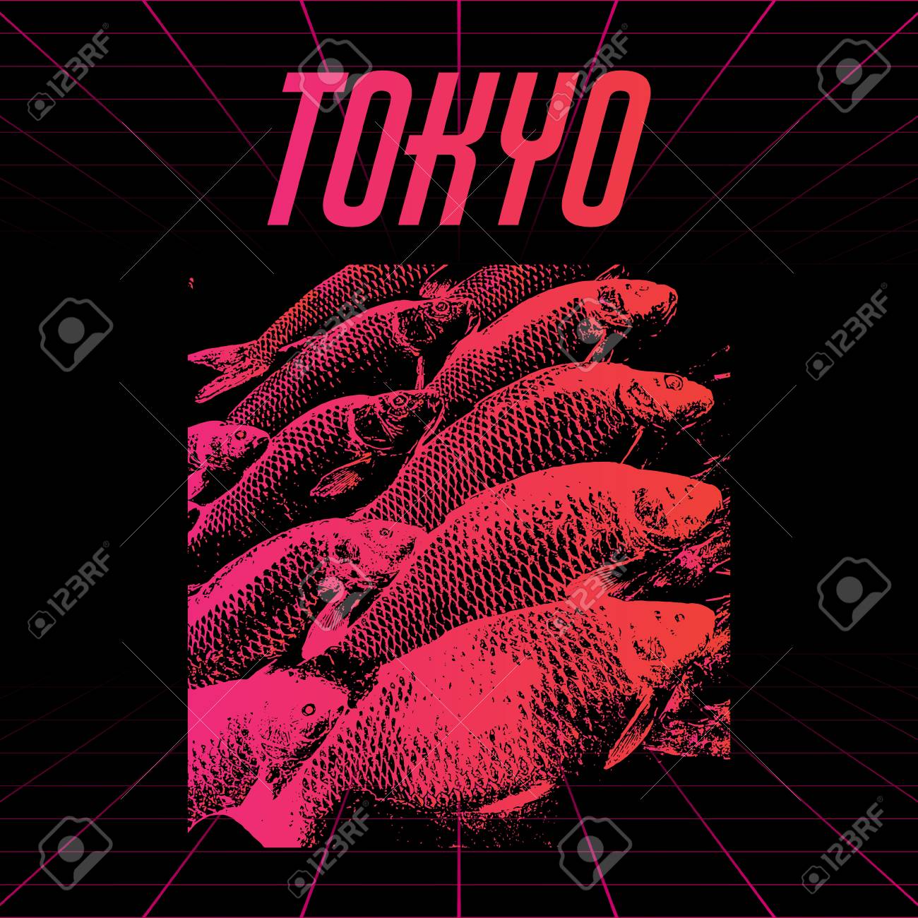 tokyo vector poster with hand drawn illustration of fishes made