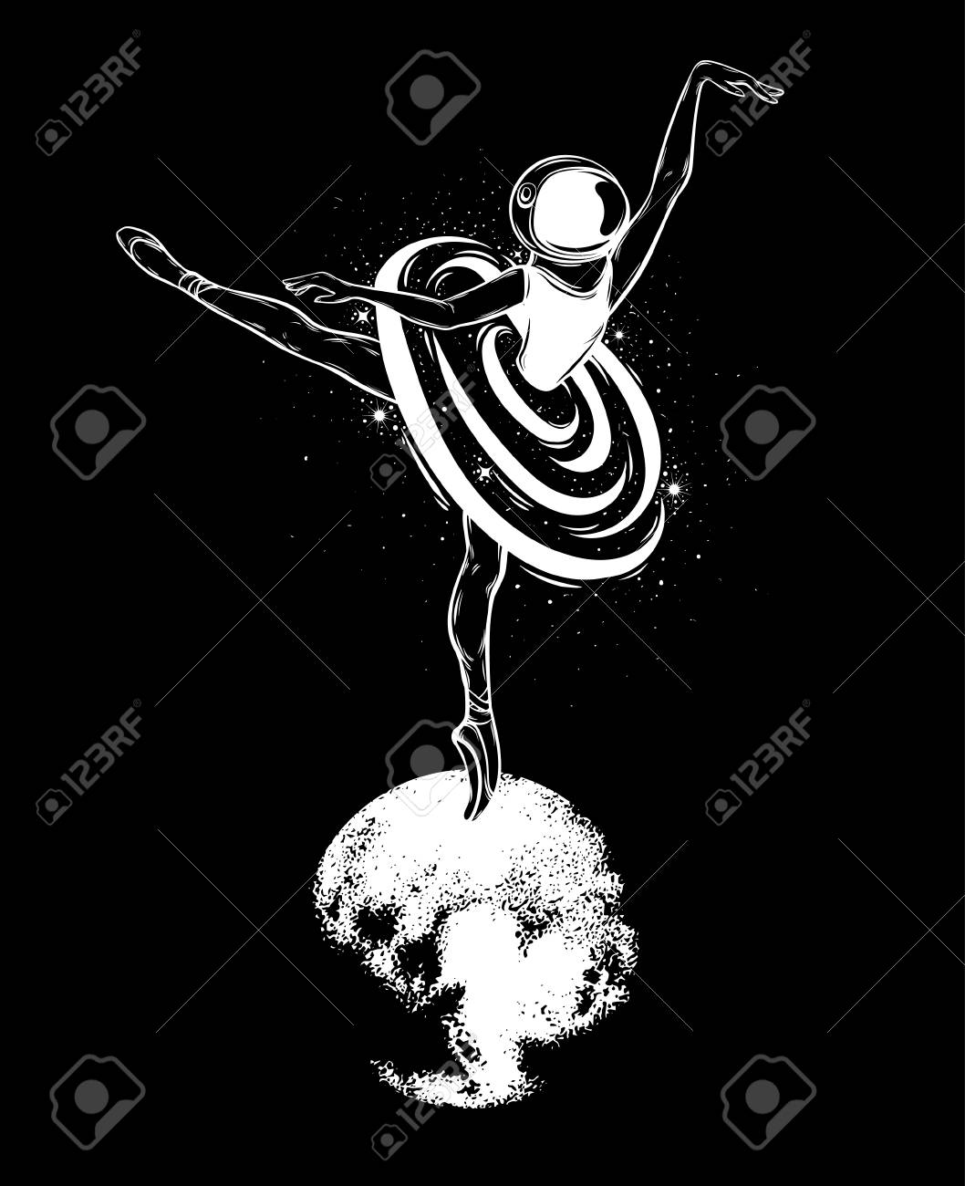 Vector hand drawn illustration of ballerina in space helmet with.. Vector hand drawn illustration of ballerina in space helmet with..