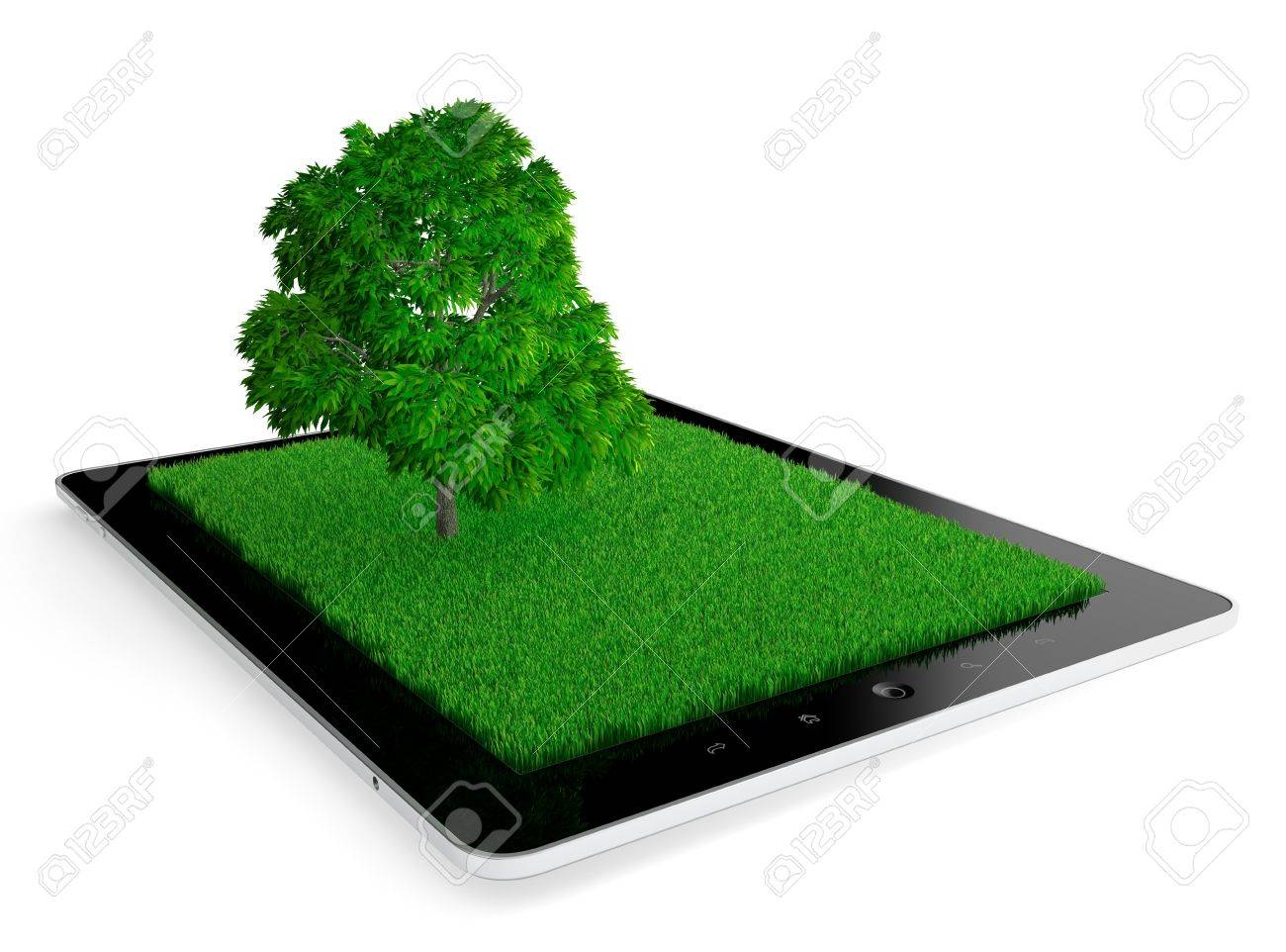 3d illustration of modern tablet computer with grass and tree stock photo picture and royalty free image image 17439062