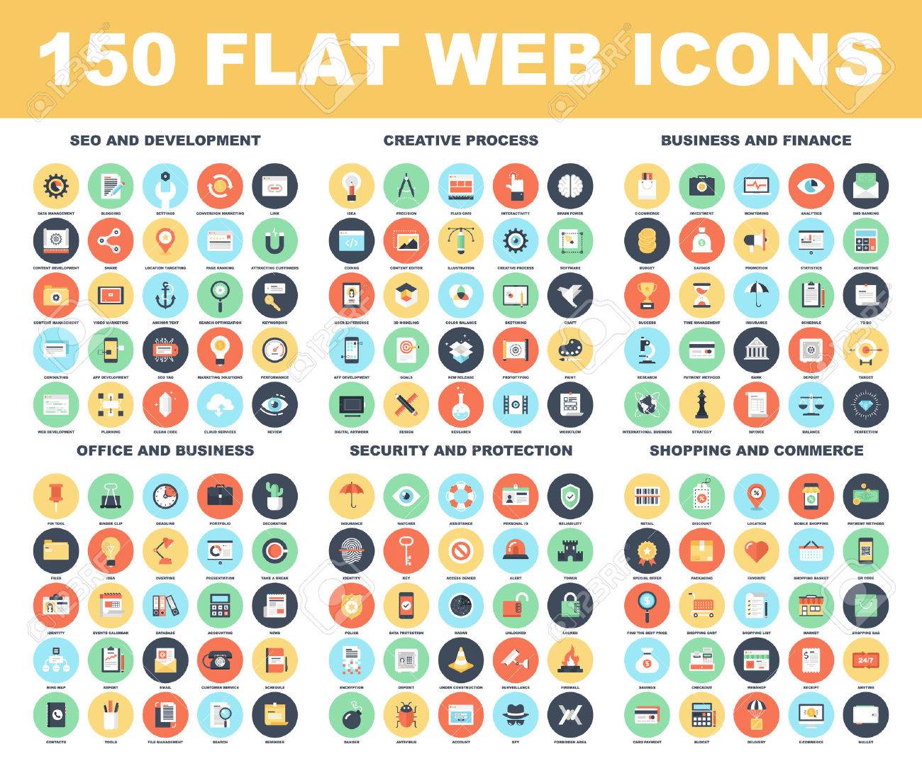 Vector set of 150 flat web icons on following themes - SEO and development, creative process, business and finance, office and business, security and protection, shopping and commerce. - 43549815 Vector set of 150 flat web icons on following themes - SEO and development, creative process, business and finance, office and business, security and protection, shopping and commerce. - 43549815