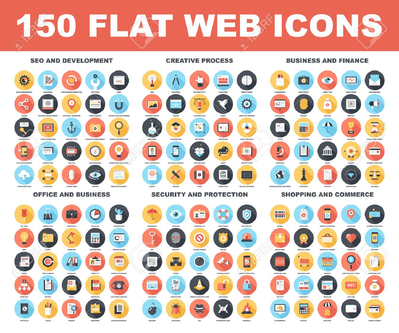 Vector set of 150 flat web icons with long shadow on following themes - SEO and development, creative process, business and finance, office and business, security and protection, shopping and commerce - 43549818 Vector set of 150 flat web icons with long shadow on following themes - SEO and development, creative process, business and finance, office and business, security and protection, shopping and commerce - 43549818