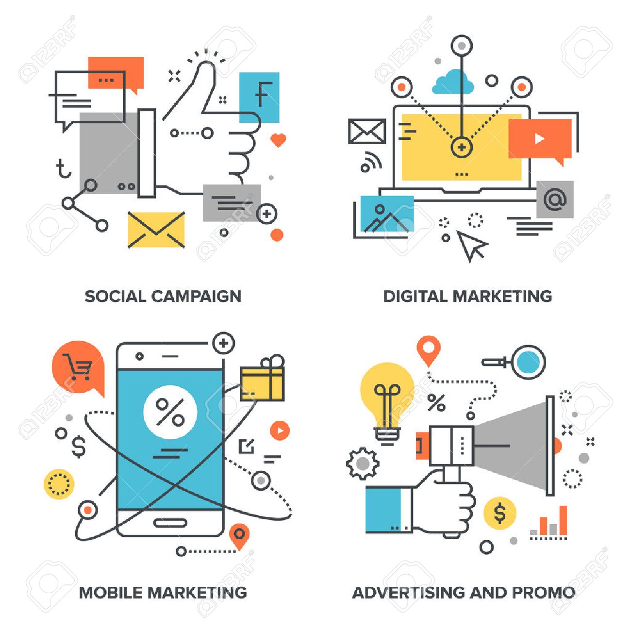 Vector set of conceptual flat line illustrations on following themes - social campaign, digital marketing, mobile marketing, advertising and promo - 50651394 Vector set of conceptual flat line illustrations on following themes - social campaign, digital marketing, mobile marketing, advertising and promo - 50651394