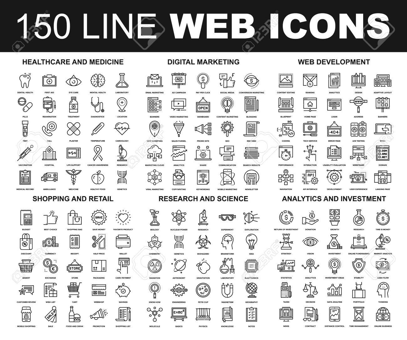 Vector set of 150 flat line web icons on following themes - healthcare and medicine, digital marketing, web development, shopping and retail, research and science, analytics and investment - 64952435 Vector set of 150 flat line web icons on following themes - healthcare and medicine, digital marketing, web development, shopping and retail, research and science, analytics and investment - 64952435