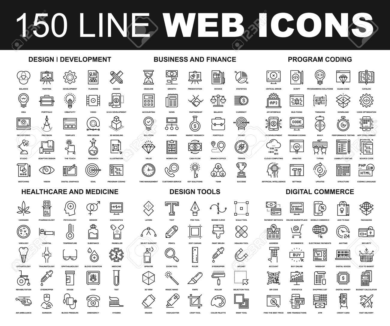 Vector set of 150 flat line web icons on following themes - design and development, business and finance, program coding, healthcare and medicine, design tools, digital commerce - 64952437 Vector set of 150 flat line web icons on following themes - design and development, business and finance, program coding, healthcare and medicine, design tools, digital commerce - 64952437