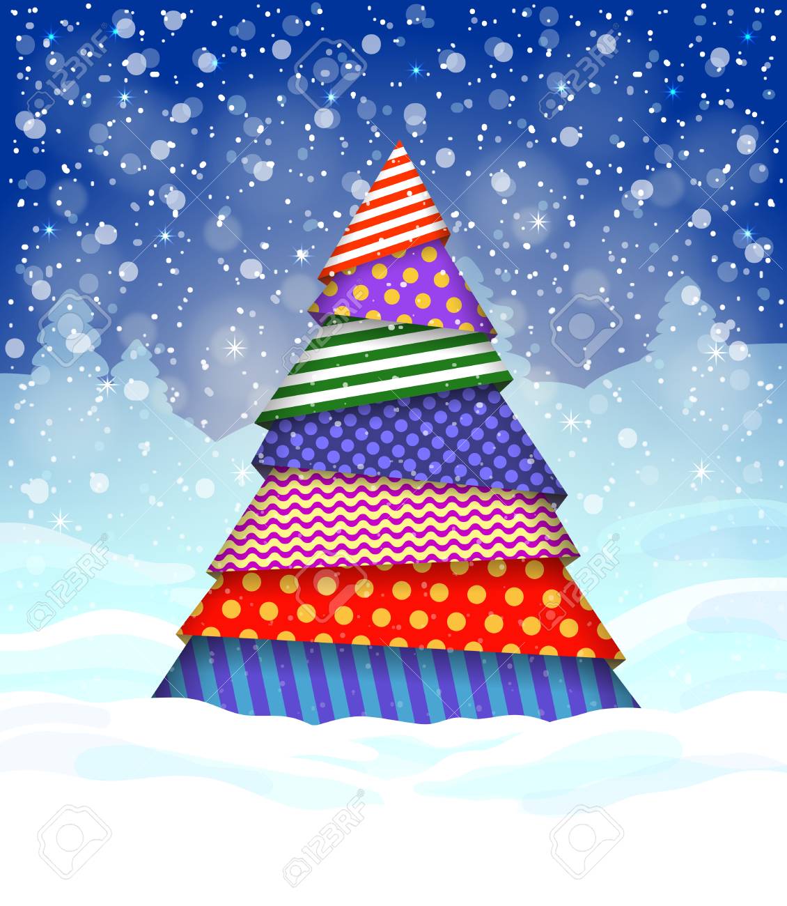 Sfondi Paesaggi Invernali Natalizi.Vettoriale Priorita Bassa Festiva Con Paesaggio Invernale Innevato Fiocchi Di Neve E Albero Di Natale Fantasia Image 30730006