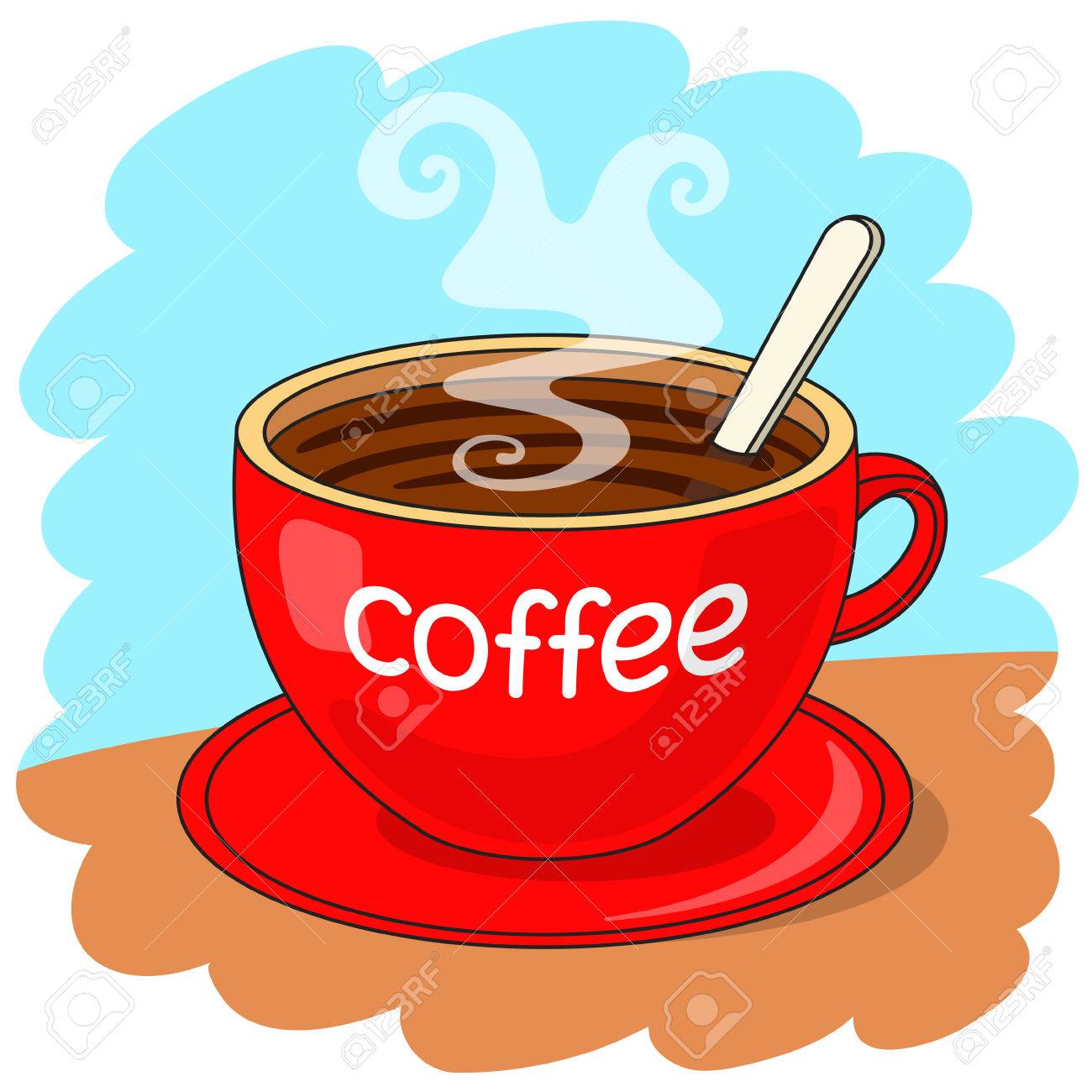 コーヒー 中スプーンの碑文とコーヒーの赤カップ コーヒー ブレークのコンセプトのイラスト素材 ベクタ Image