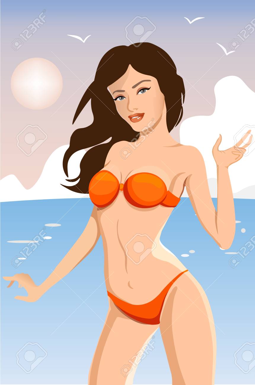 オレンジ色の水着の人物画 オレンジ色の水着の人物画