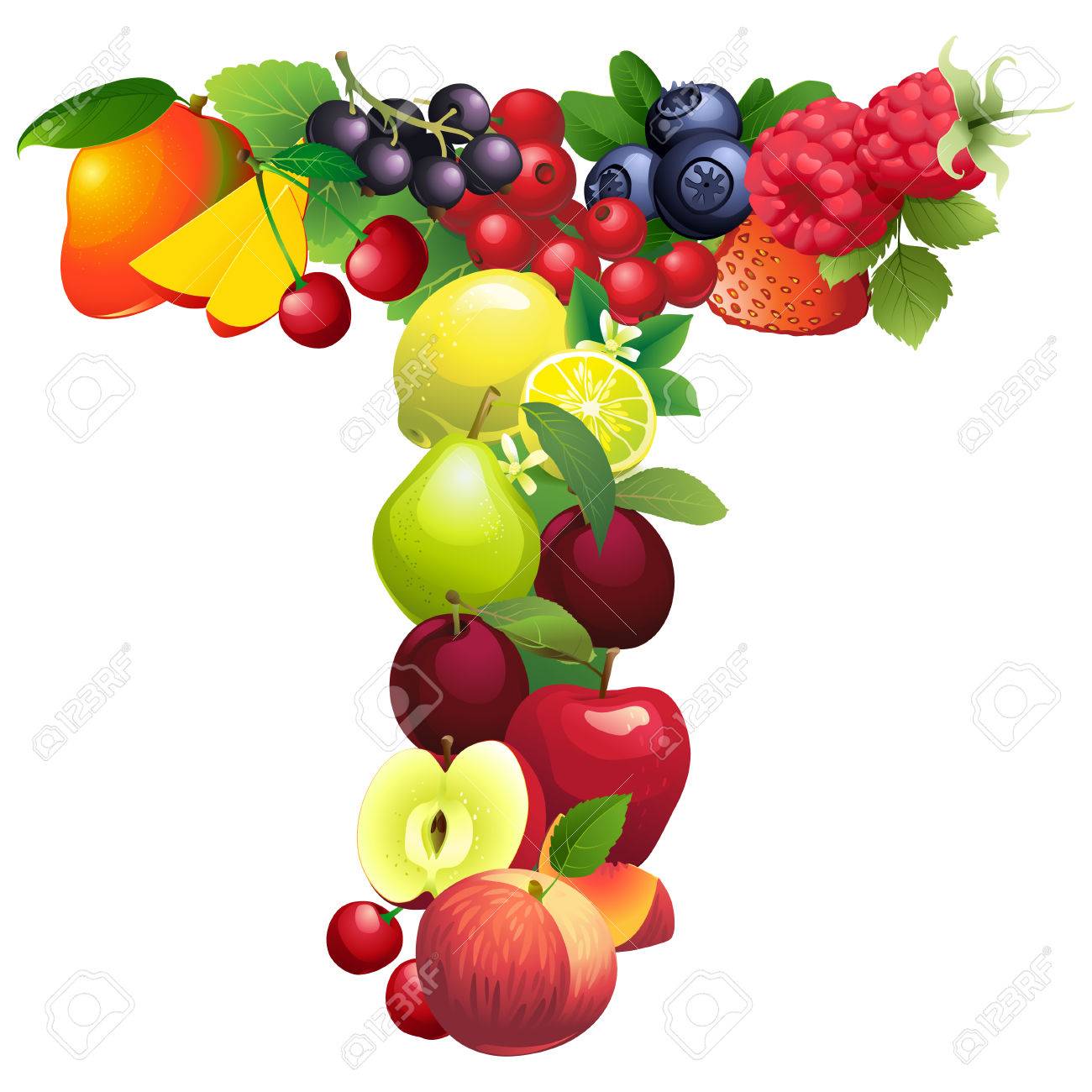 vector illustration letter t composed of different fruits with foods that start with the letter t