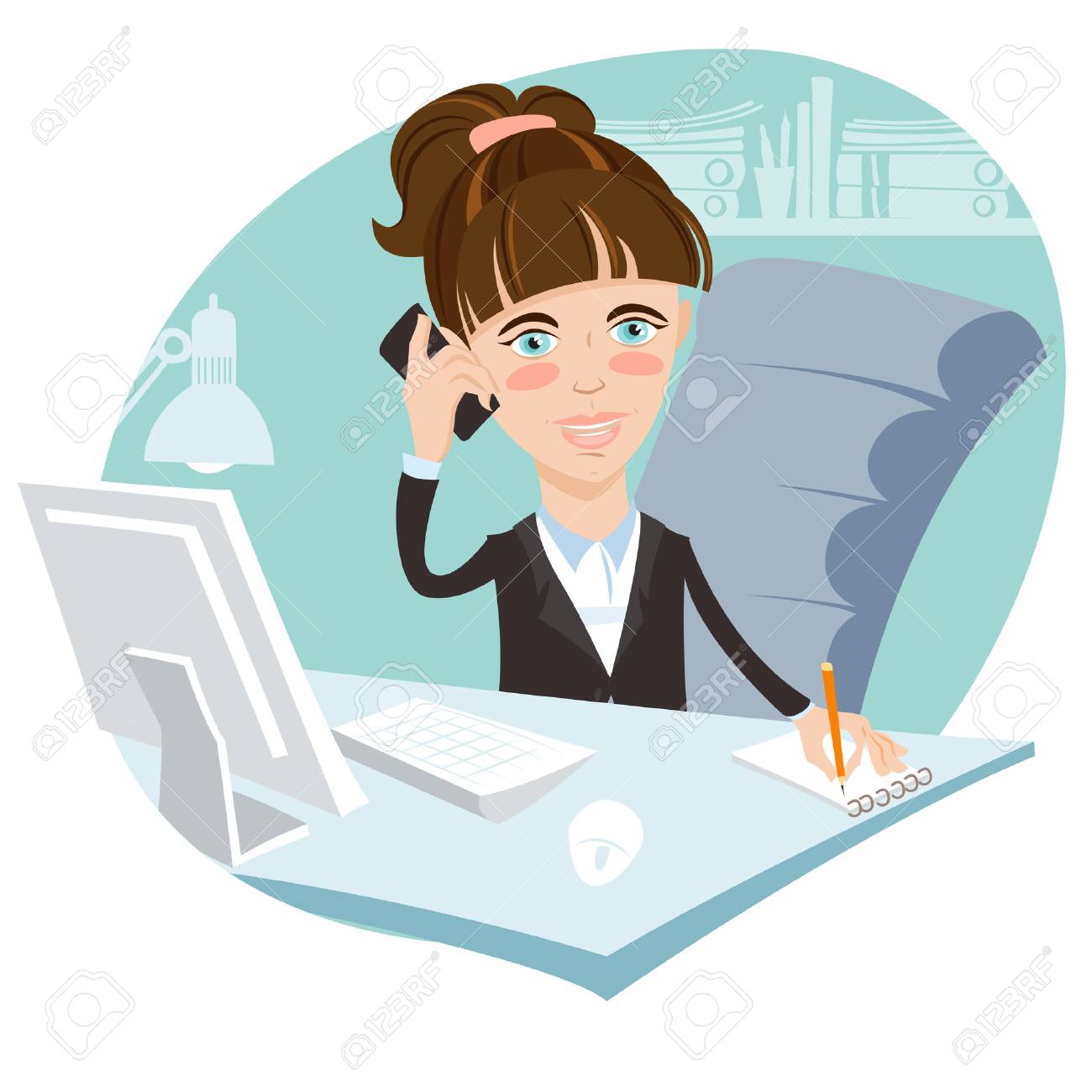 ベクトル イラスト携帯電話で彼の作業机に座って事務所女性のイラストのイラスト素材 ベクタ Image