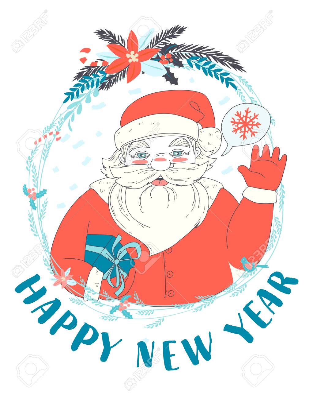 ベクトル イラストお祝いの面白い新年カード存在と新年の花輪の前で手を振るサンタ クロースと 手描き落書きスタイルのイラスト素材 ベクタ Image