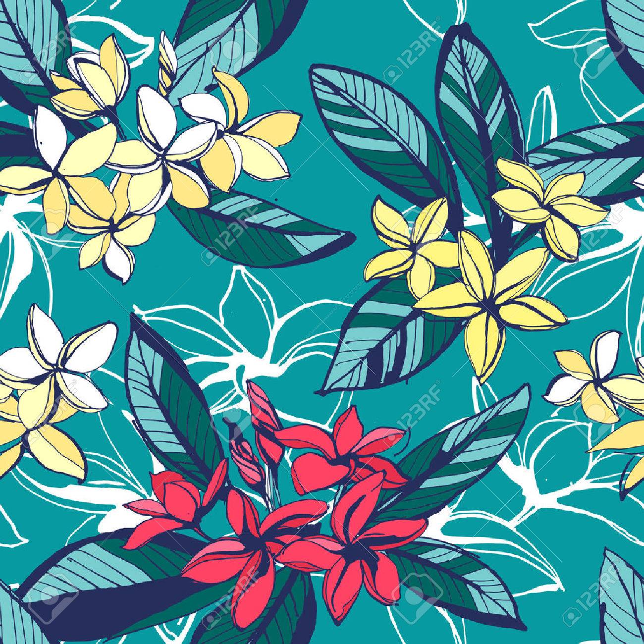 Vector illustration Tropical floral summer seamless pattern with plumeria flowers with leaves. Ink splatter grunge style.Texture, floral design, palm beach, tropical background, summer time, summer beach party - 58154405 Vector illustration Tropical floral summer seamless pattern with plumeria flowers with leaves. Ink splatter grunge style.Texture, floral design, palm beach, tropical background, summer time, summer beach party - 58154405