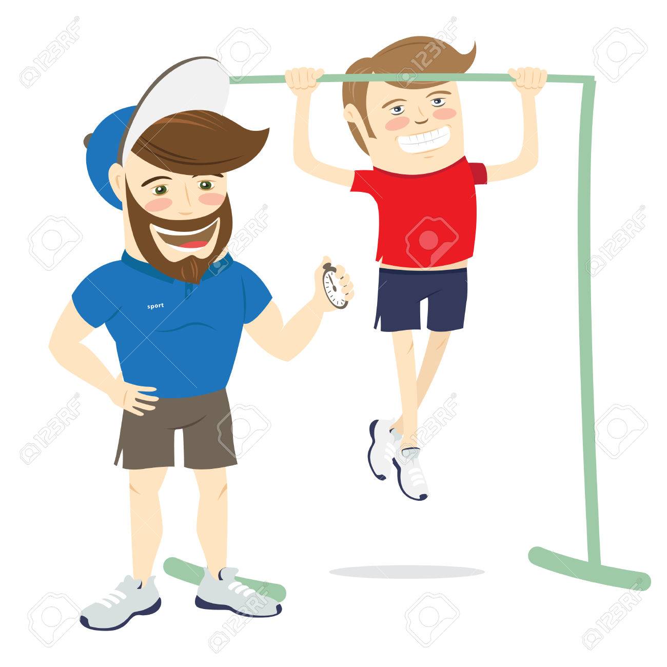 ベクトル図ひげを生やしたフィットネス パーソナル トレーナー インストラクターと鉄棒で懸垂演習を行って面白いスポーツマン のイラスト素材 ベクタ Image