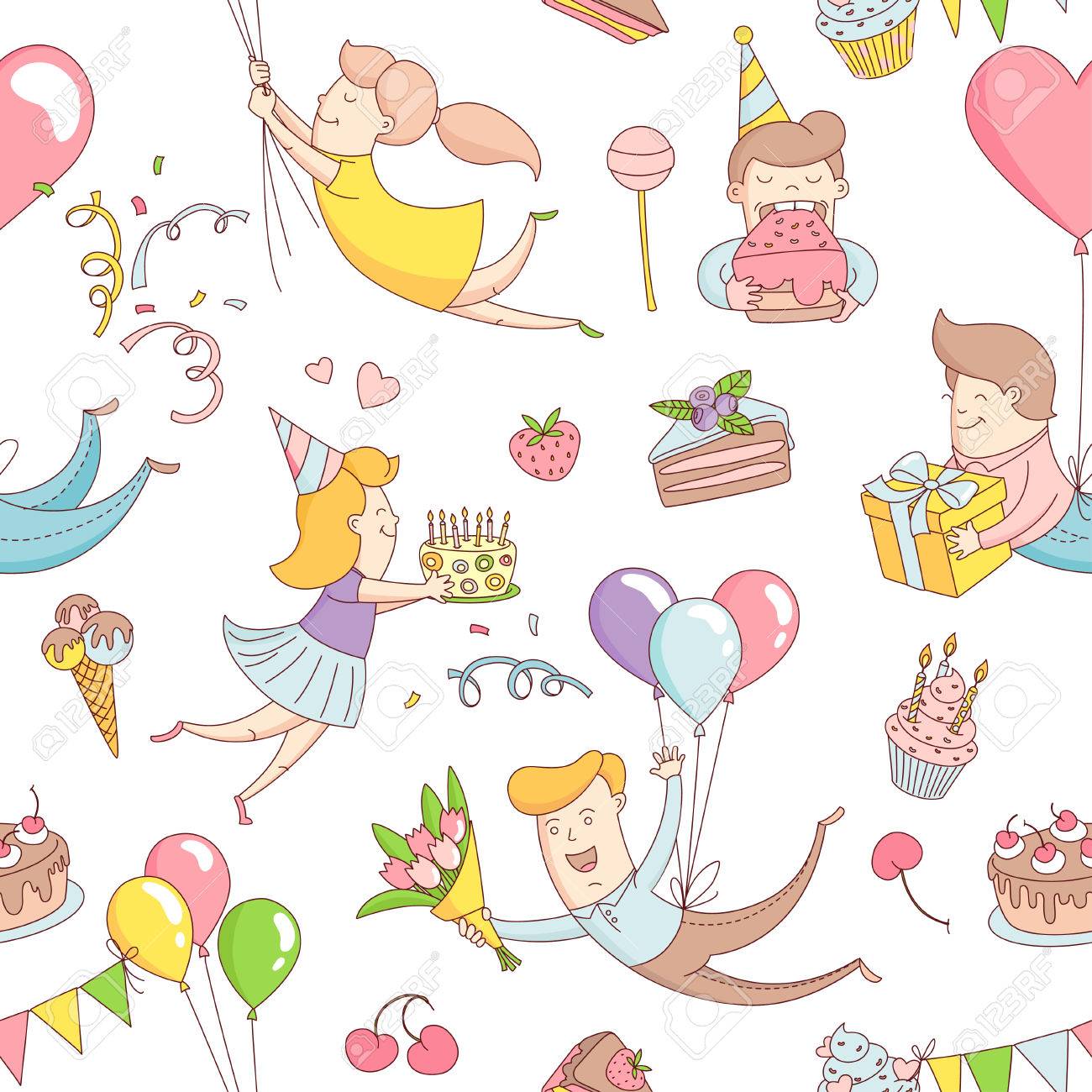 ベクトル イラスト誕生日パーティー シームレス パターンおかしい人文字飛ぶ風船プレゼント 花 ケーキ ケーキ お菓子の挨拶します フラットなデザインの子供のスタイルを行します のイラスト素材 ベクタ Image