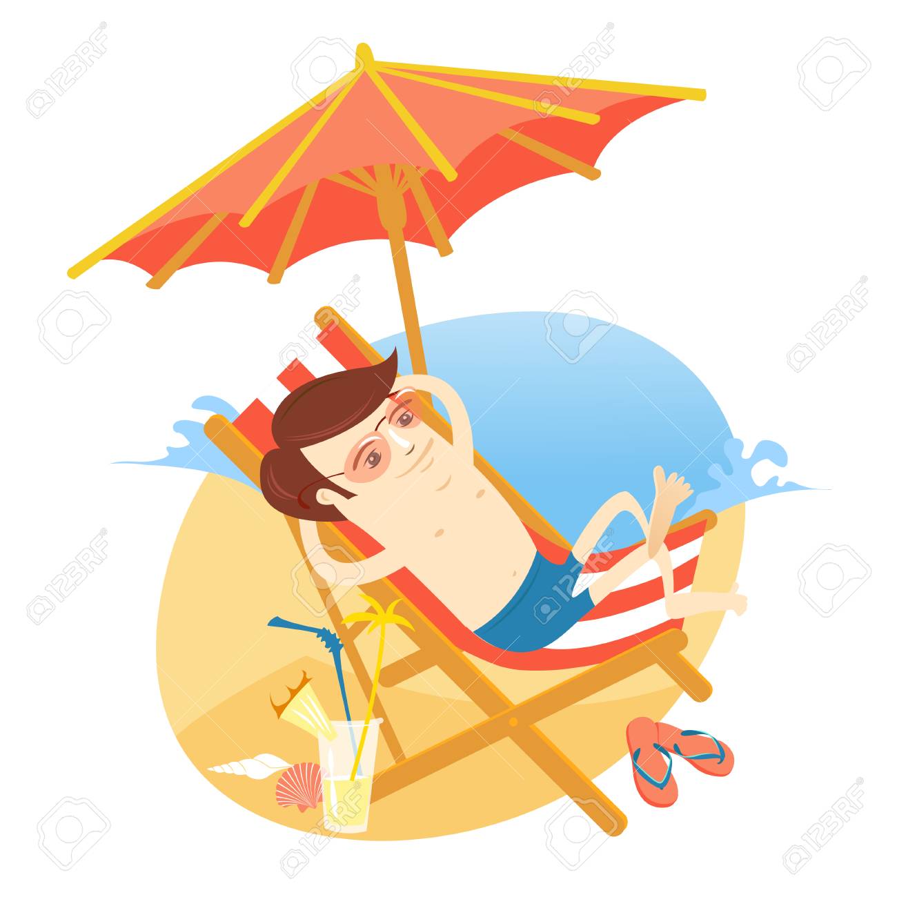 Avoir Images Vector Illustration Homme Drole Se Faire Bronzer Sur La Plage Avec le plus cool salutations