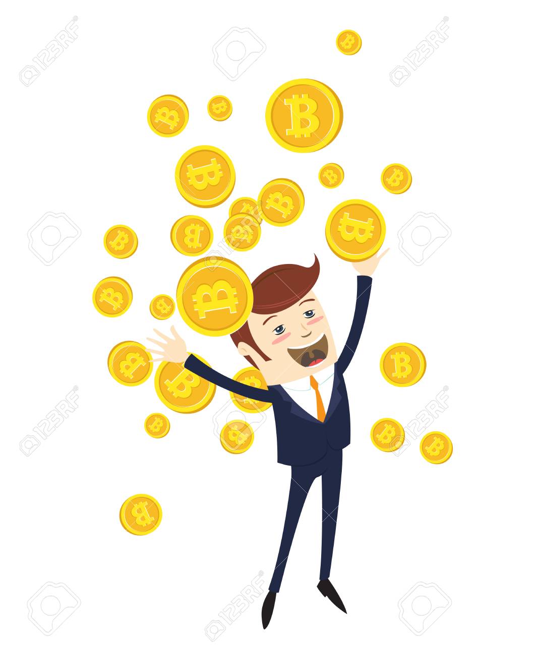 面白い実業家 Bitcoins を投げで成功を祝います 物理ビット コイン デジタル通貨 Cryptocurrency 分離 Bitcoin シンボルと黄金のコイン ベクトル イラスト フラット スタイル デザインのイラスト素材 ベクタ Image