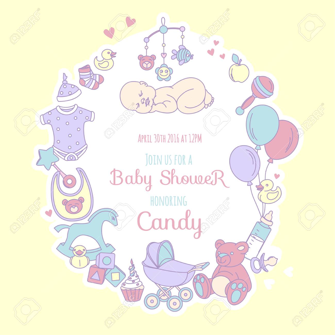 ベクトルイラスト 可愛いベビーシャワー招待状男の子または女の子のための お祝い パーティーの招待状 風船 眠っている赤ちゃん ベビーカー テディベア 赤ちゃんの服 おもちゃと素敵な背景 行スタイルのイラスト素材 ベクタ Image