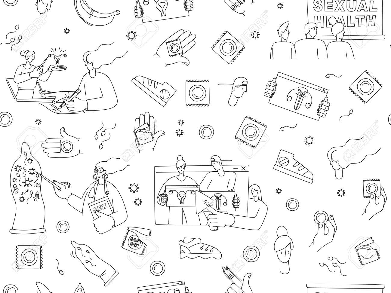 Sexual Health. Say Yes To Safe Sex Seamless Pattern Background Icons Set  For Teens, Teenagers. Hands Holding Condoms. Vector Illustration Doodles,  Line Art Style Design. Black And White Royalty Free SVG, Cliparts,