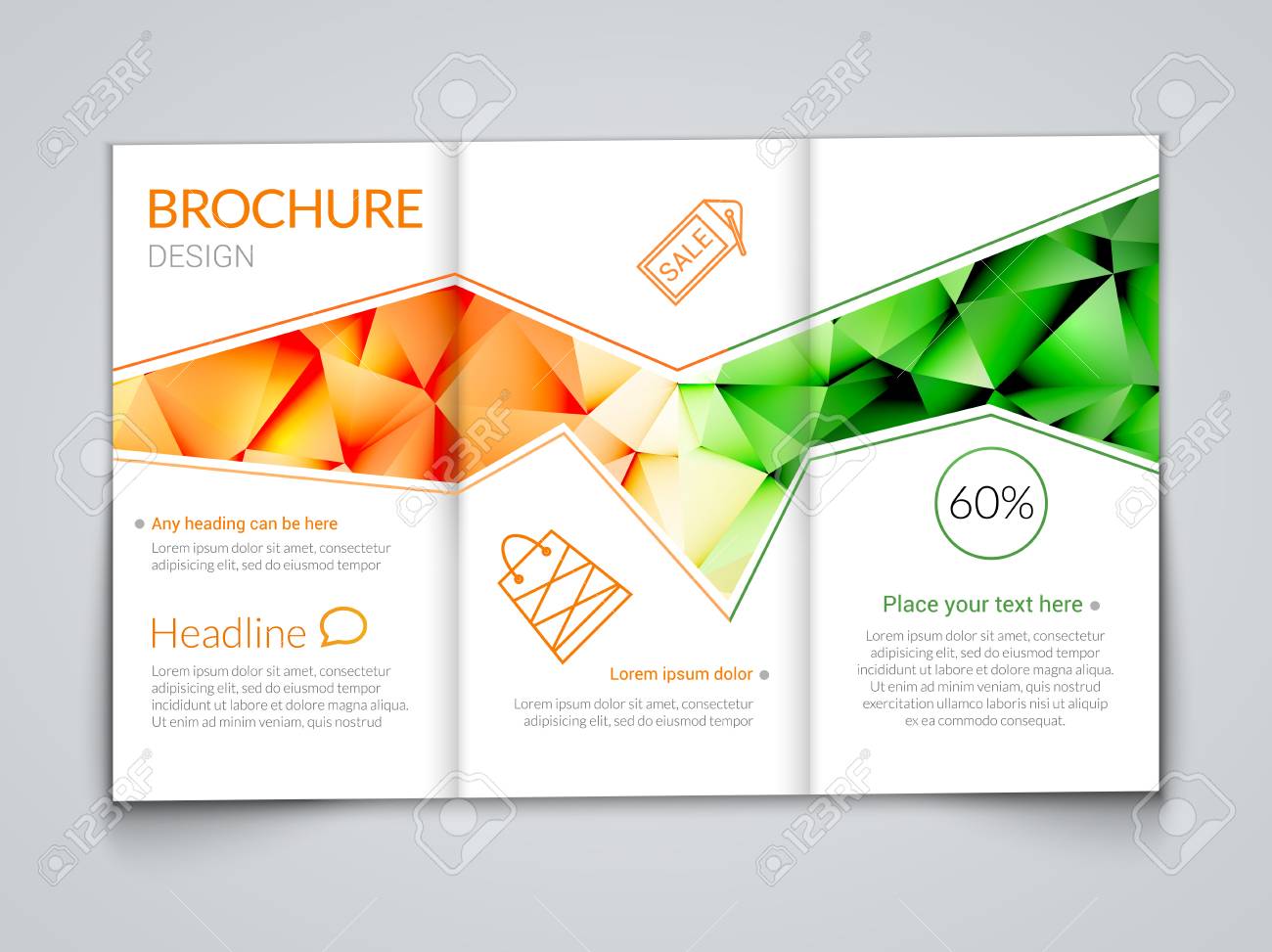 tri fold modern brochure design template with trendy polygonal white brochure