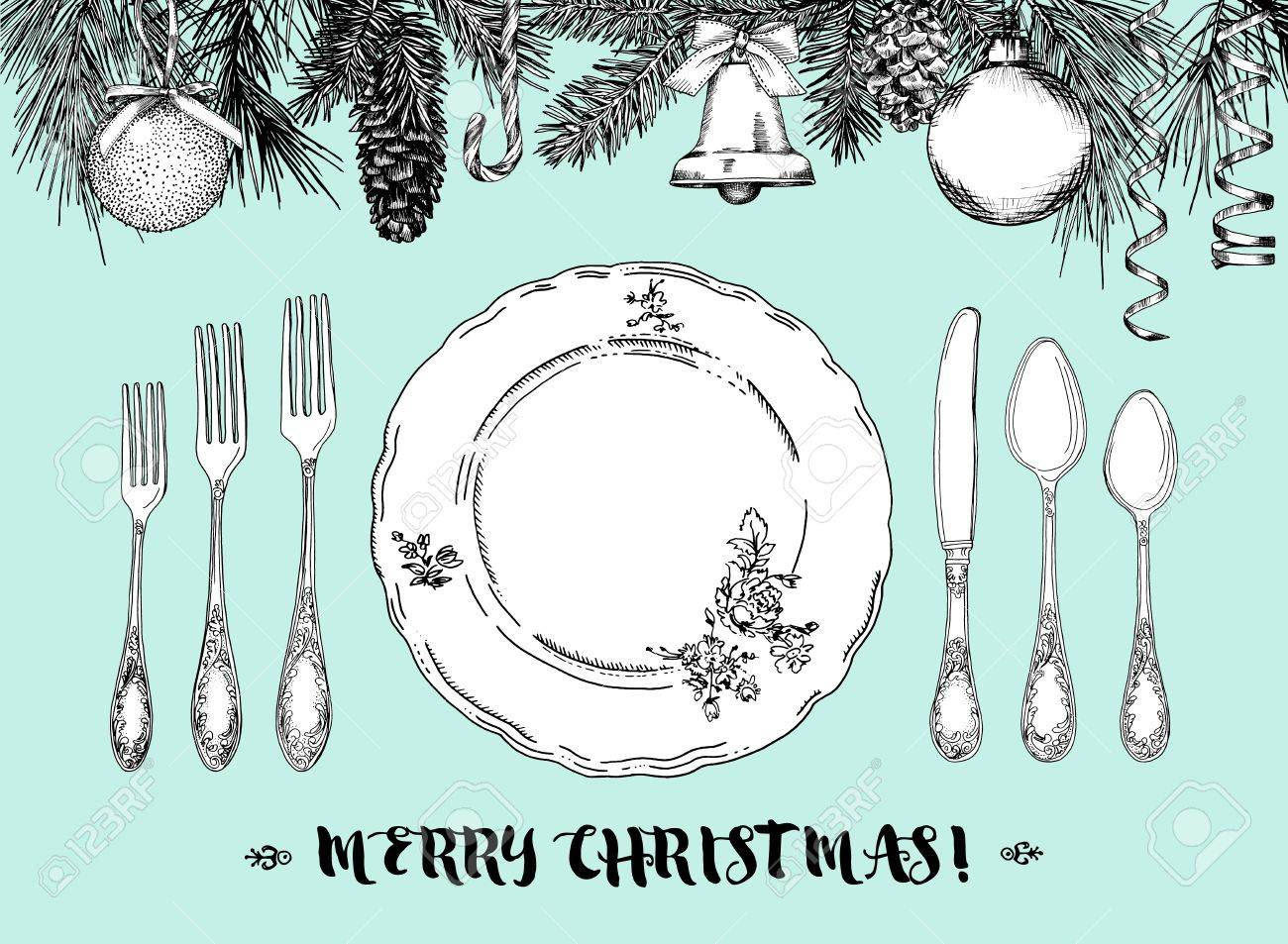 カーリーの観賞用銀食器 プレート ターコイズ ブルー背景の手描きイラスト 手描きの要素を持つベクター フレーム スプルース パイン コーン のぼり ベル 弓 クリスマス ツリーのボールの枝 ベクトル図のイラスト素材 ベクタ Image
