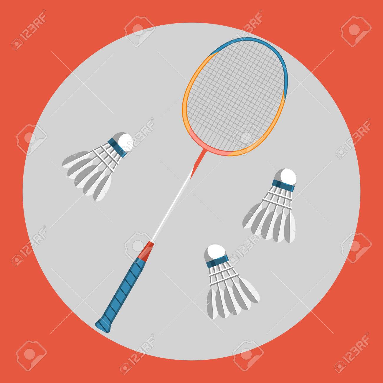 バドミントン ラケットのアイコン カラフルなバドミントン ラケット バドミントンシャトル コック 3 赤の背景に スポーツ用品 ベクトルの図 の イラスト素材 ベクタ Image