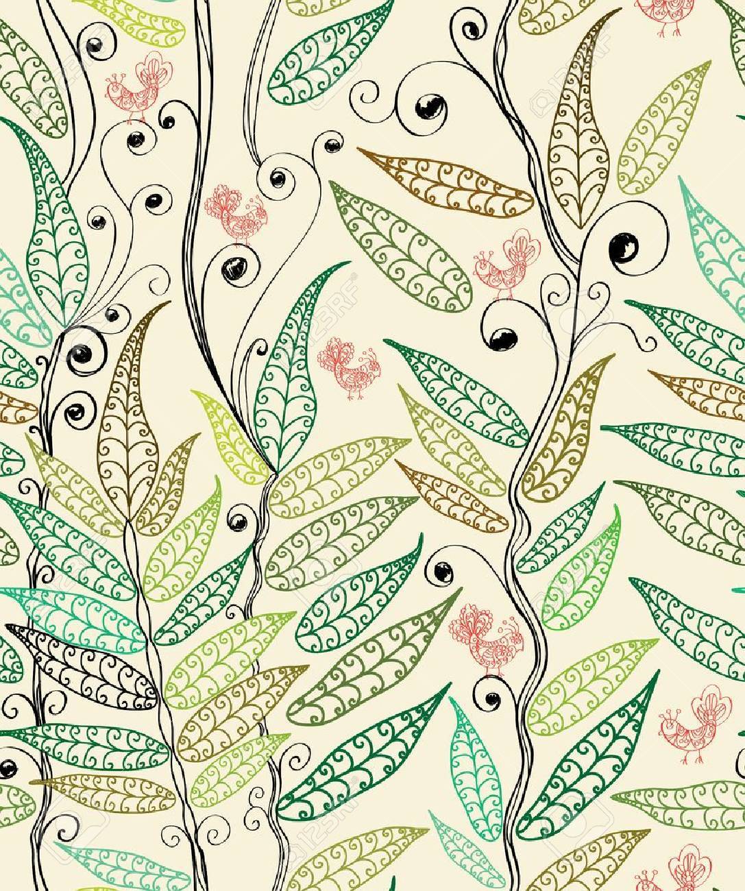 シダ 鳥 植物イラストとシームレスの自然な背景 のイラスト素材 ベクタ Image