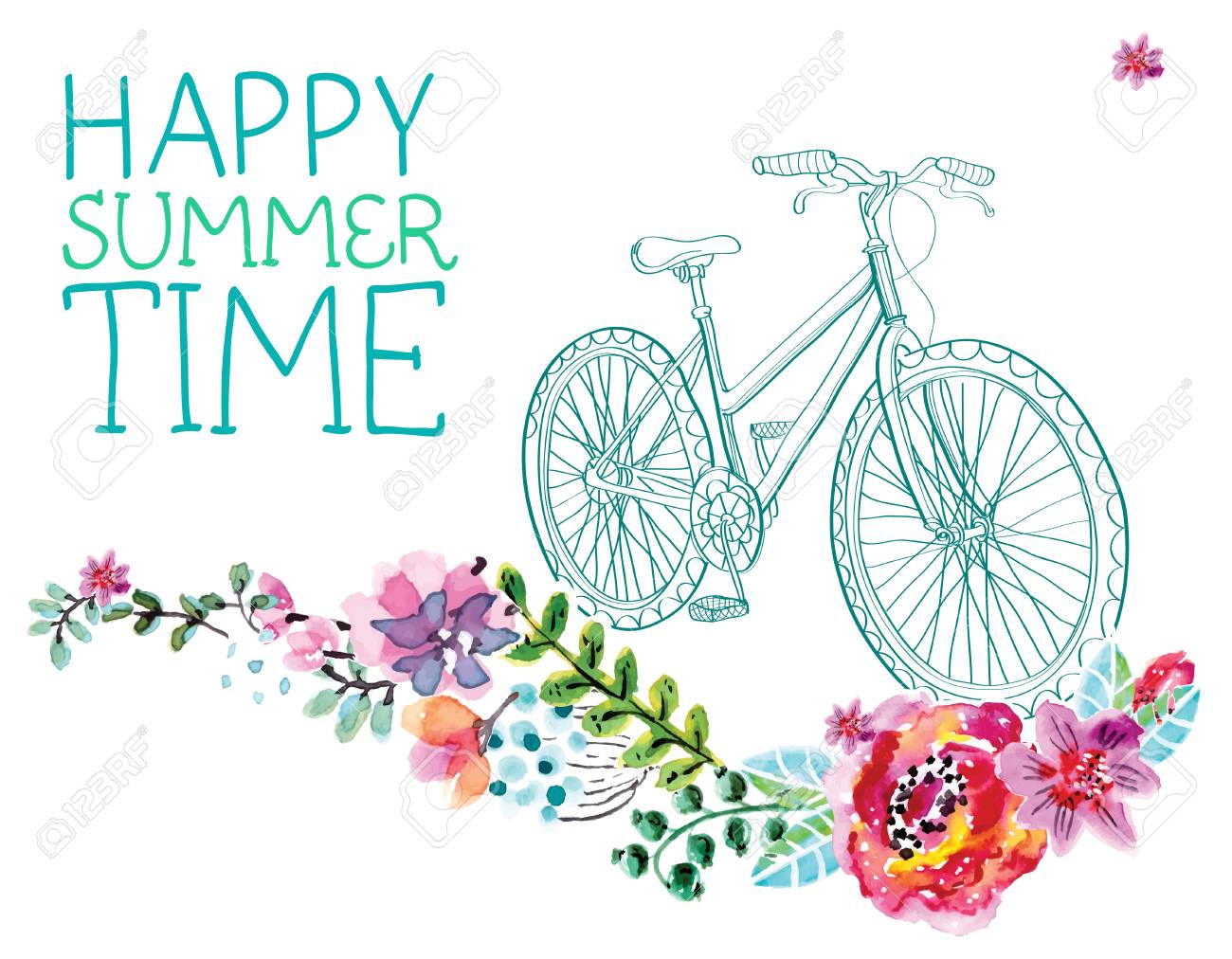 水彩花と美しいデザインの白自転車 のイラスト素材・ベクタ - . Image 