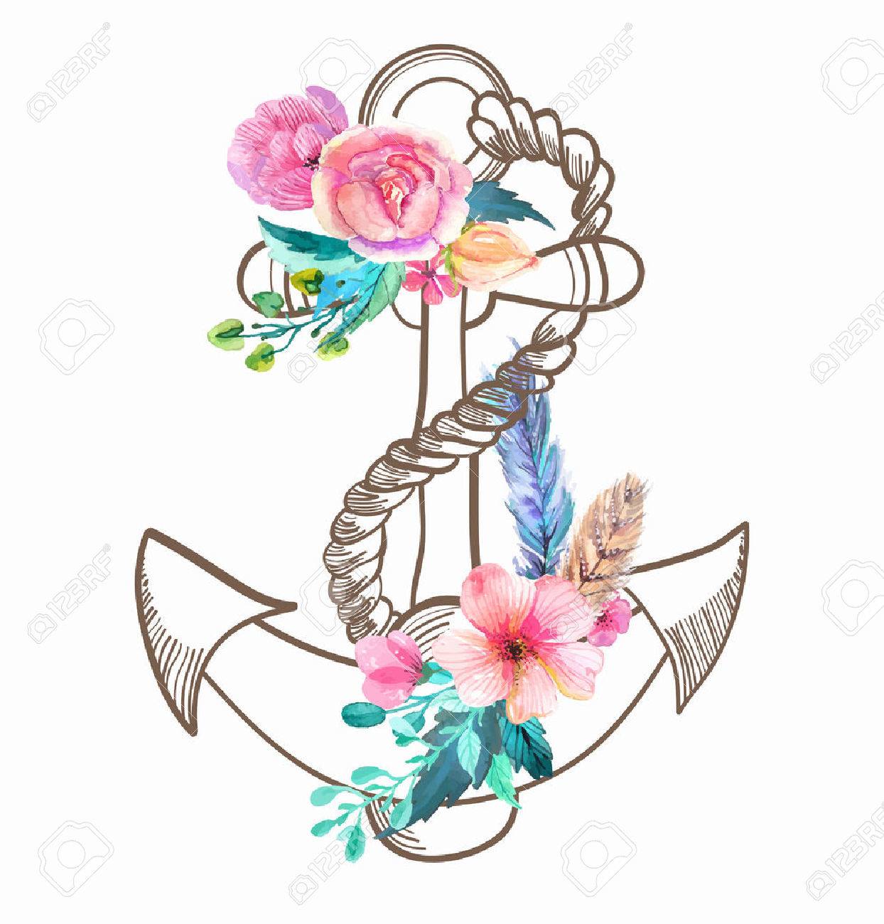 Doodle Anchor With Watercolor Flowers And Feather Over White Royalty Free Cliparts Vectors And Stock Illustration Image 42501074