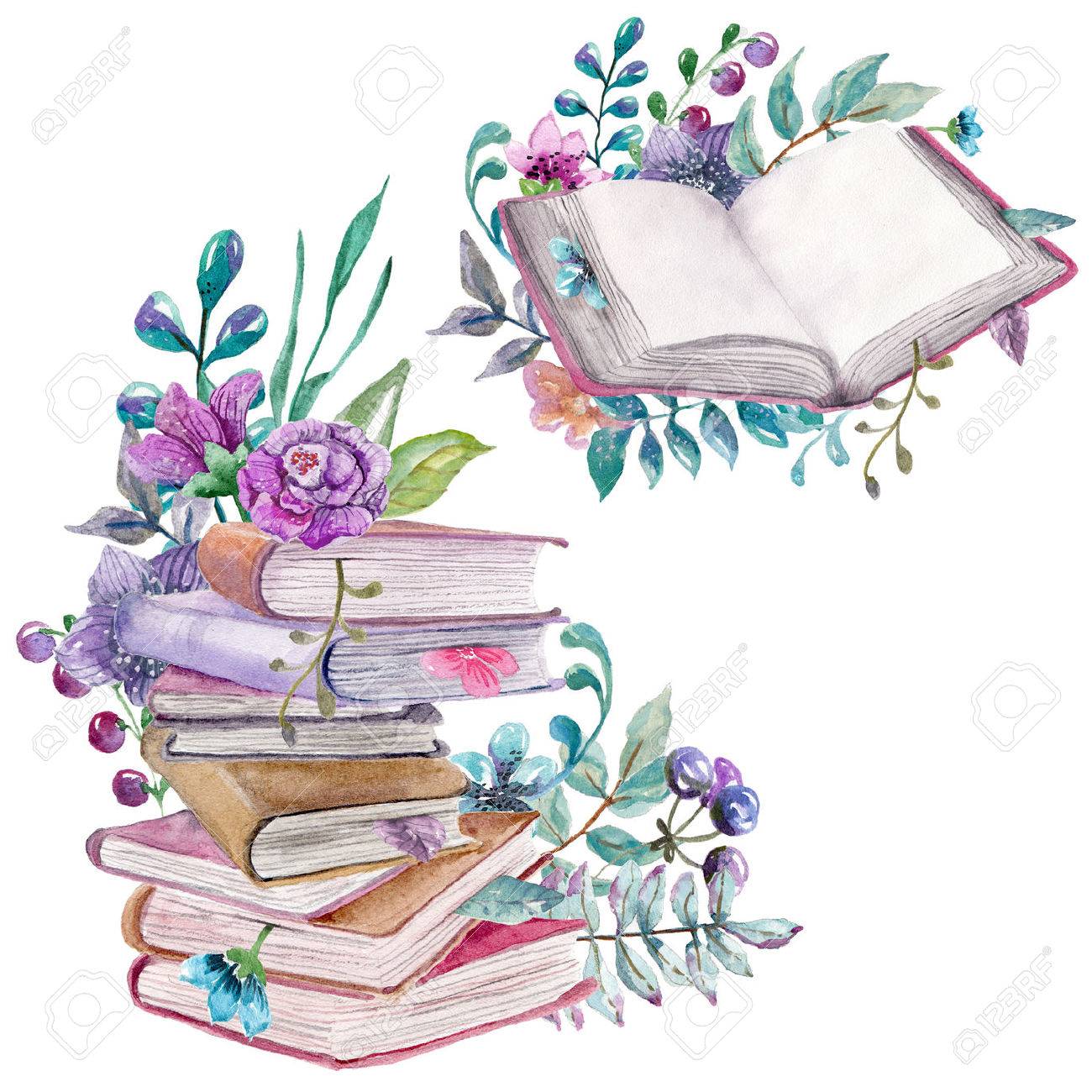 Watercolor Floral And Nature Elements With Beautiful Old Books,  Illustration For Design, Beautiful Card With Watercolor Flowers And Books  Over White Stock Photo, Picture And Royalty Free Image. Image 54825211.
