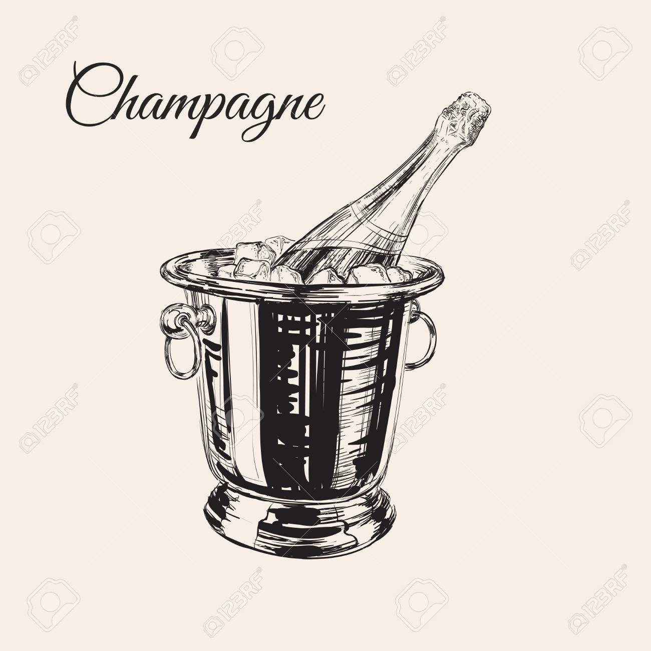 Une Bouteille De Champagne Dans Un Seau Avec De La Glace Dessin Vectoriel A La Main Clip Art Libres De Droits Vecteurs Et Illustration Image