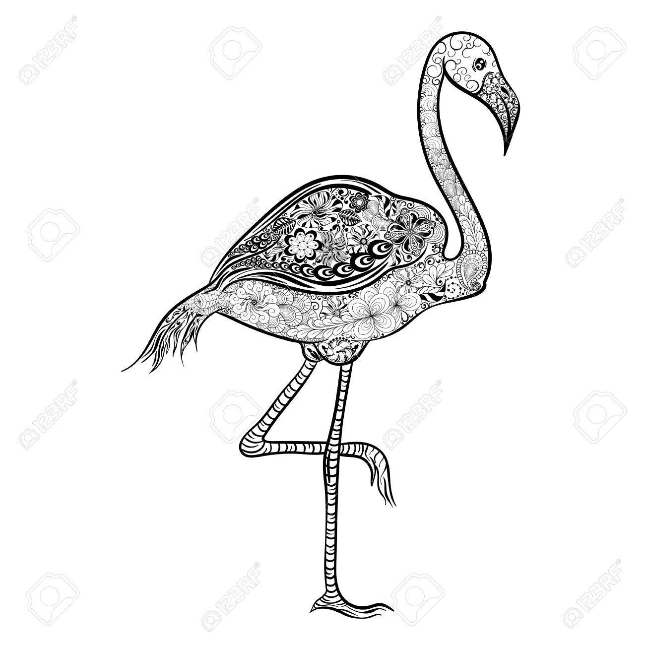 図 フラミンゴ は 黒と白の色でだらだらスタイルで作成されました 塗装のイメージは 白い背景に分離されます のイラスト素材 ベクタ Image 57365068