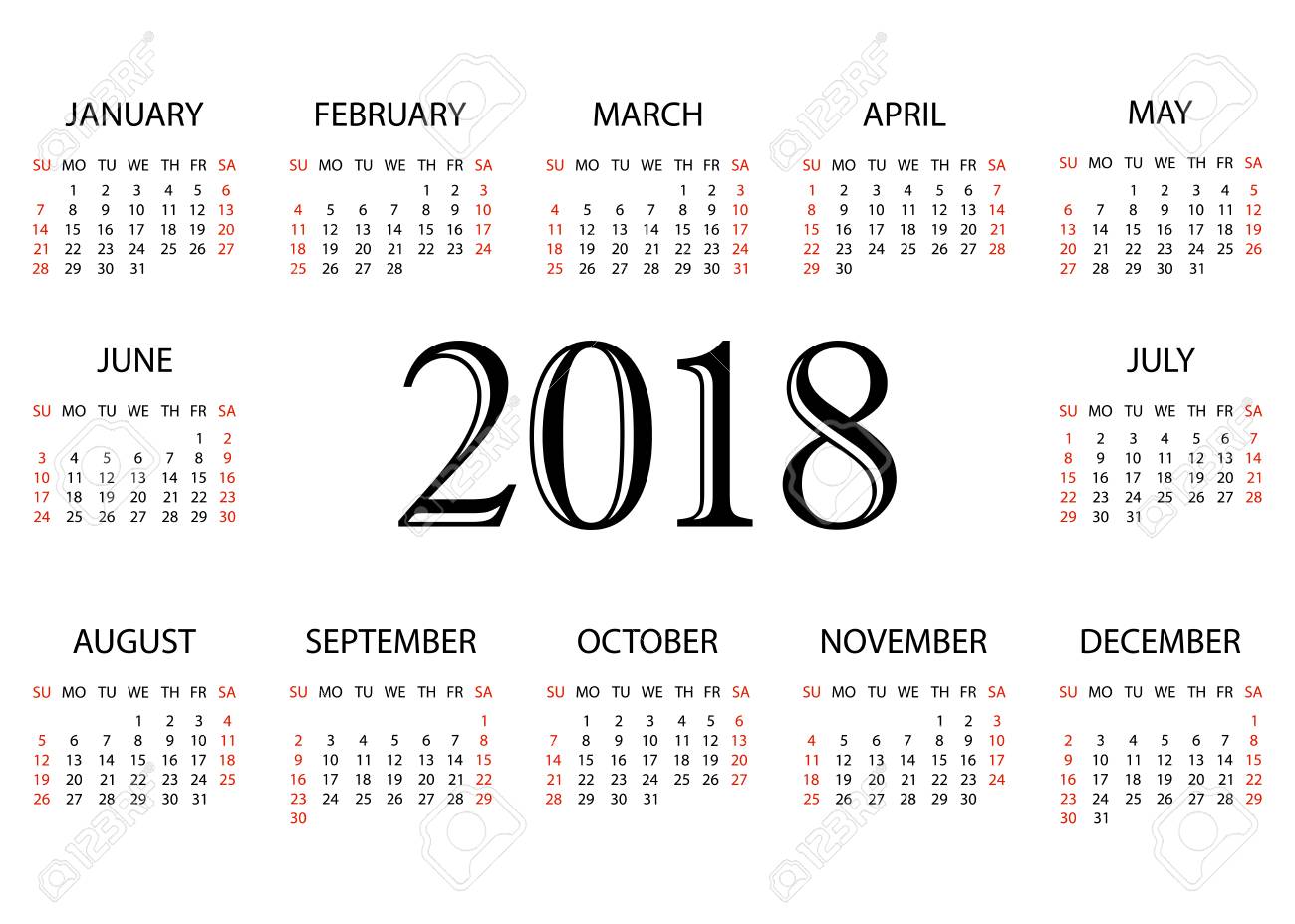 calendar 2018 simple calendar template for year 2018 white background vector illustration stock