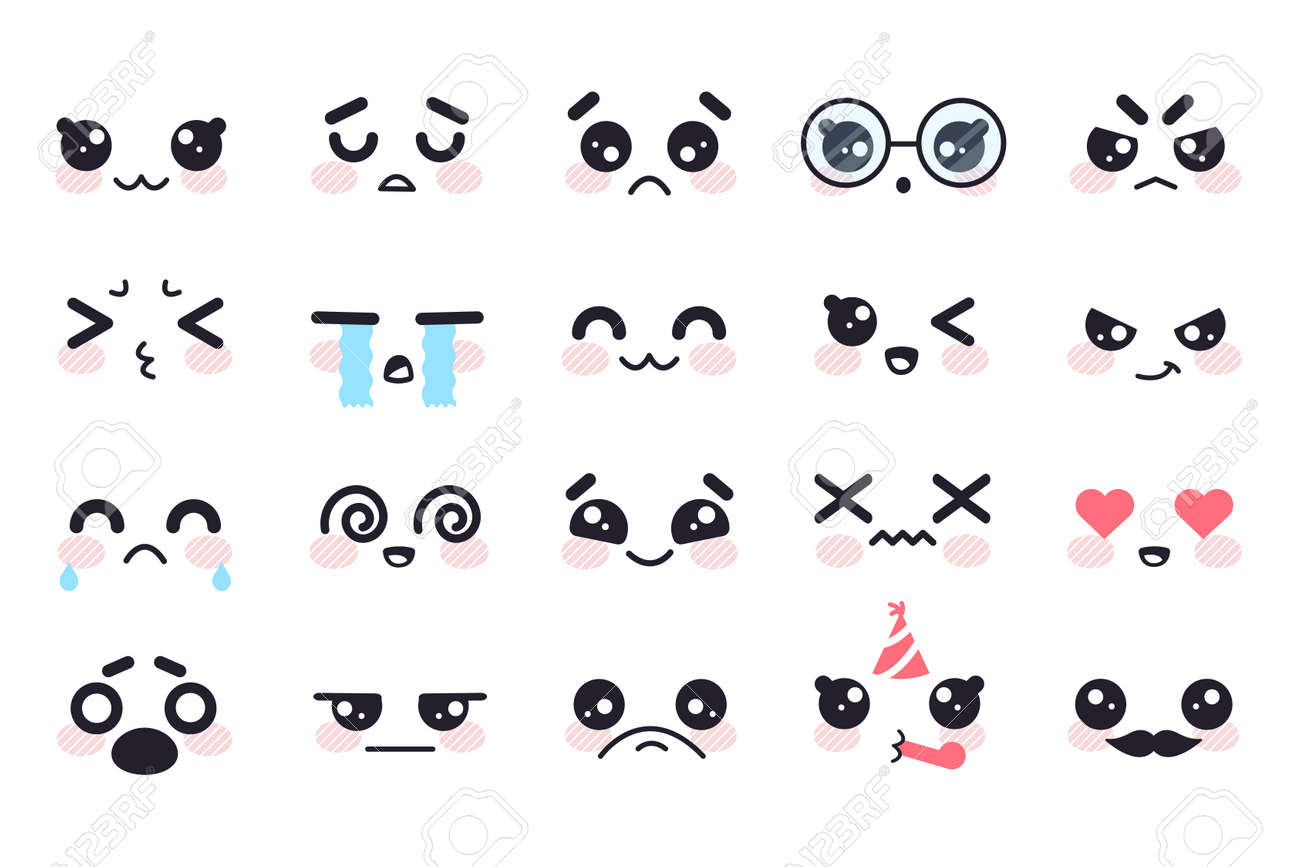 Kawaii Faces. Manga Face Cute Japanese Characters, Cartoon Emoji Facial  Emotions. Smile, Sad And Anger, Cry And Joy, Love Vector Set. Happy And Sad  Expression, Celebrating Birthday Royalty Free SVG, Cliparts, Vectors,, image size:1300x867