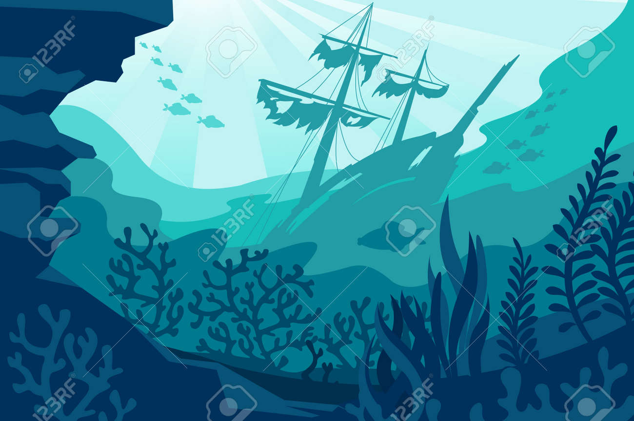 Sea underwater background. Deep ocean bottom with seaweeds, sunken ship, coral and fishes silhouettes. Undersea diving quiet seascape vector panorama. Wild fauna life with wrecked vessel - 168659253 Sea underwater background. Deep ocean bottom with seaweeds, sunken ship, coral and fishes silhouettes. Undersea diving quiet seascape vector panorama. Wild fauna life with wrecked vessel - 168659253
