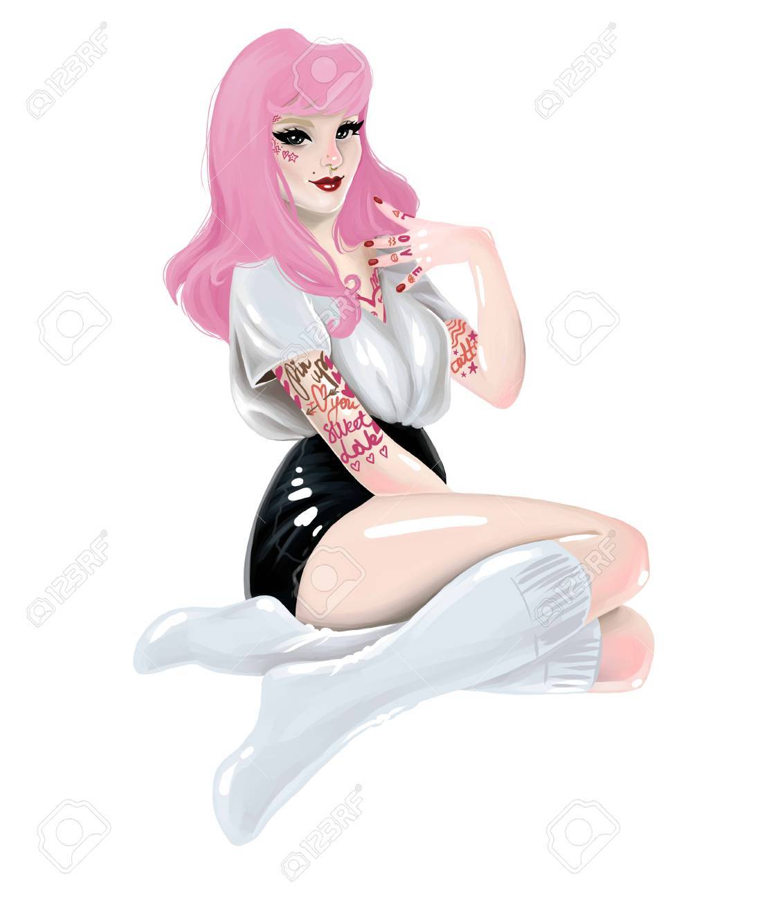 ファッション イラスト タトゥーの女性ピンナップ ガール スタイル の写真素材 画像素材 Image