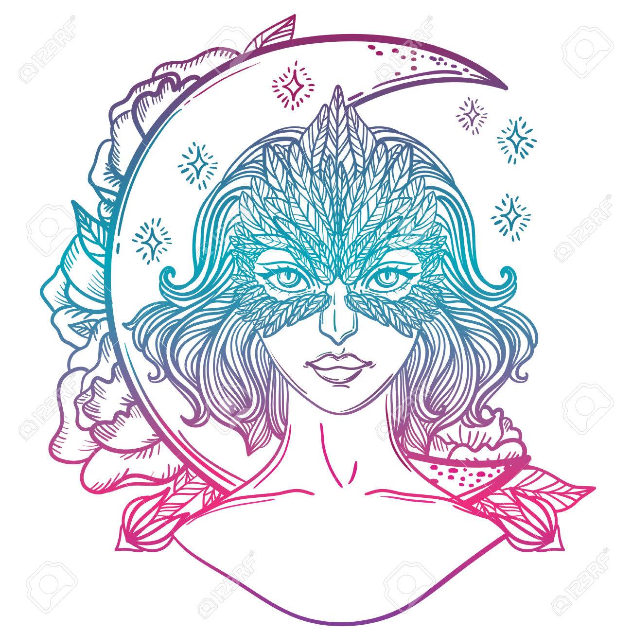 ホークのマスクと月と少女のベクトル イラスト 塗り絵に適した のイラスト素材 ベクタ Image
