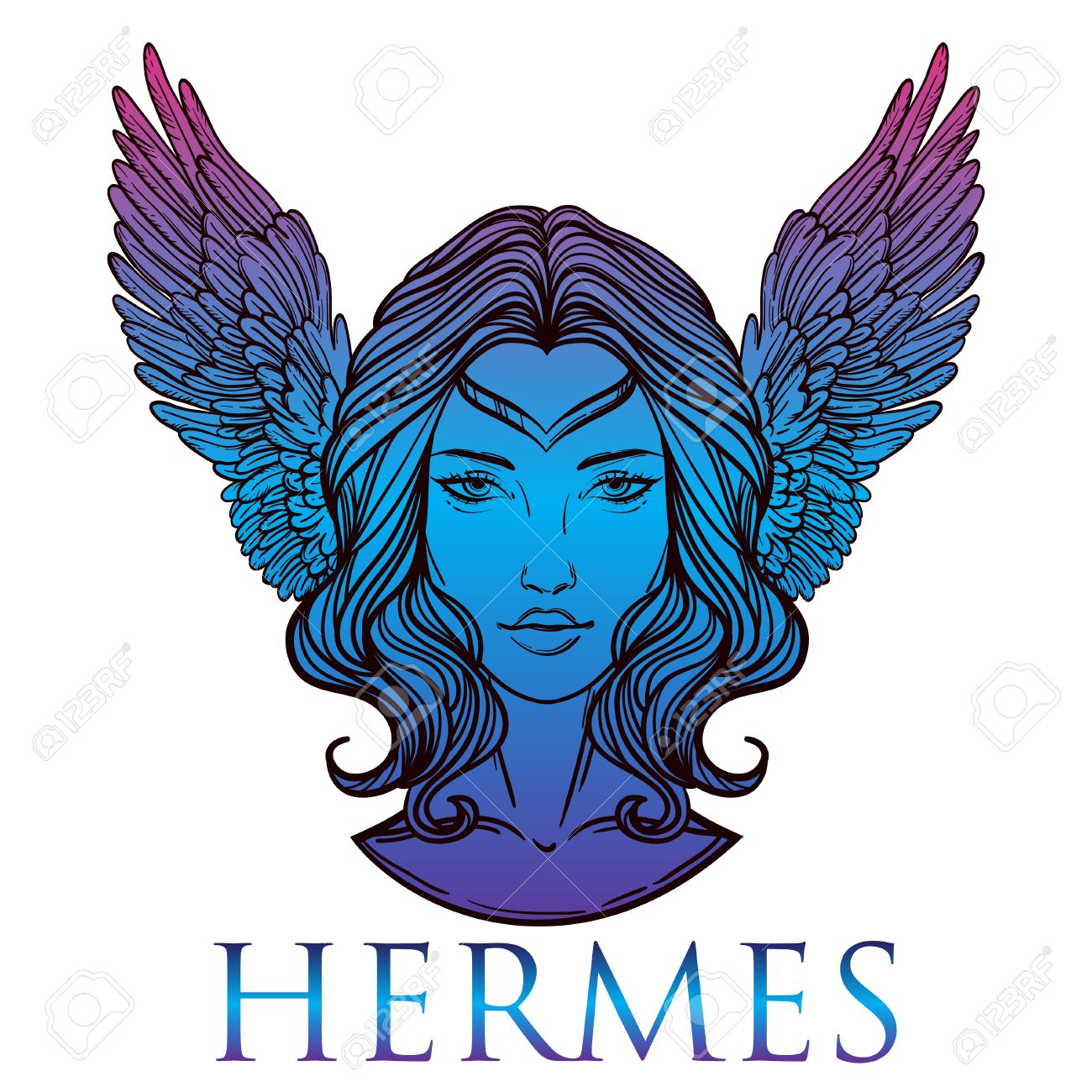 女性の形でエルメスのギリシャの神のベクター イラストです 女の子の女神の翼を持つ水銀手描きヴィンテージ線形タトゥーのデザイン ベクター アートを分離しました のイラスト素材 ベクタ Image