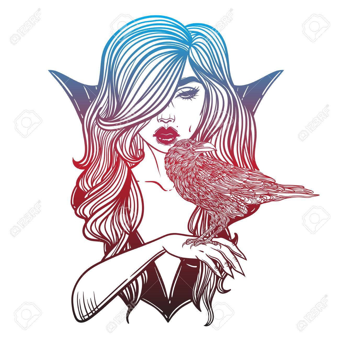 La Muchacha Del Vampiro Con La Mano Cuervo Dibujo De Linea
