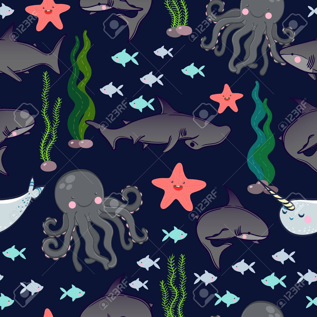 かわいいサメ 魚 タコ イッカク 星 海藻とシームレスなパターンをベクトル のイラスト素材 ベクタ Image