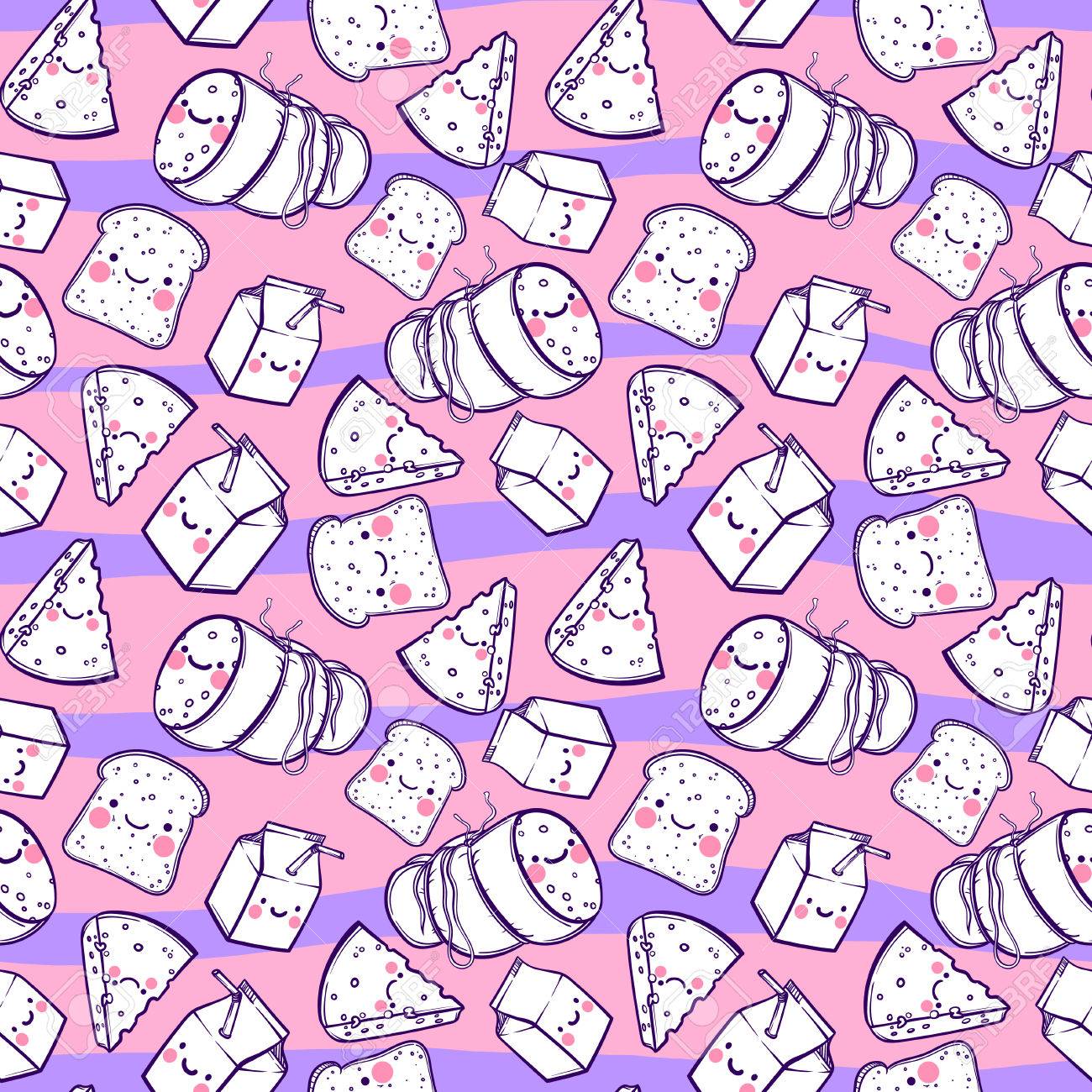 かわいいシームレス パターンの漫画のチーズ 牛乳します パンと肉のソーセージ 料理漫画のキャラクター かわいいポスターです 漫画アニメ スタイル の イラスト素材 ベクタ Image