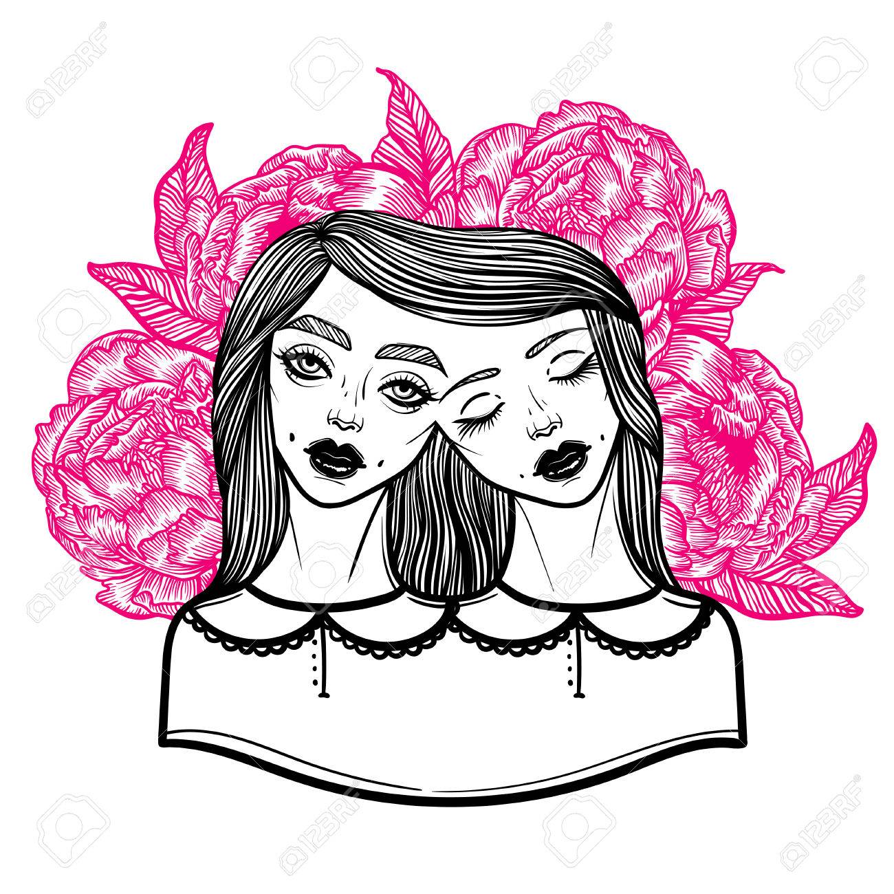 Retrato De Gemelos Siameses Misticas Y Un Ramo De Peonias En El Fondo Ilustracion Vectorial De Un Mutante Gemelos Siameses Ilustracion De Tatuaje Lineal Ilustraciones Vectoriales Clip Art Vectorizado Libre De Derechos