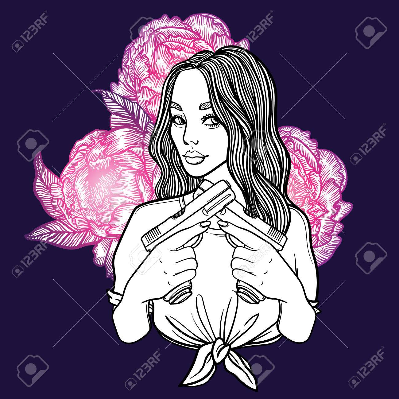 2 つの刑事の美しい少女は 銃し 牡丹の花します セクシーな女の子のイラストをベクトル 入れ墨のスタイル ライン アート ギャングの武器 マフィア の イラスト素材 ベクタ Image