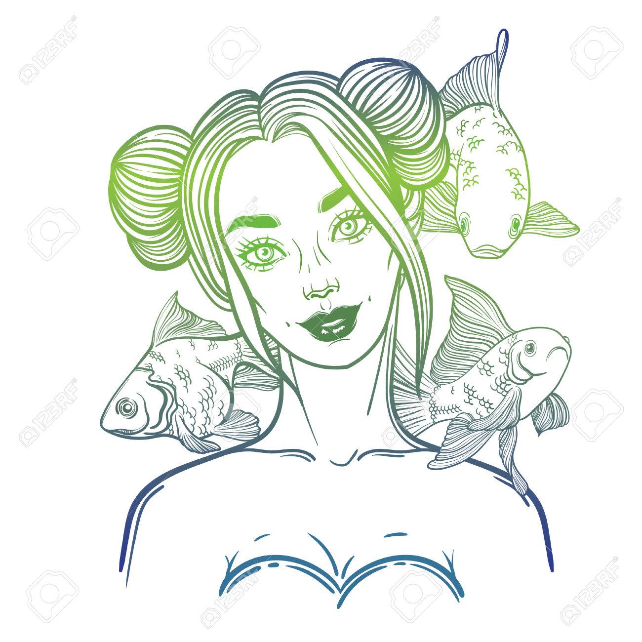 プリンセス人魚かわいいベクター アート カード 魚を持つ少女 線形タトゥー イラスト のイラスト素材 ベクタ Image