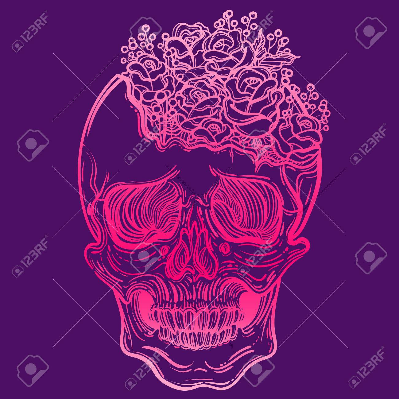 人間の頭蓋骨と美しいバラのベクター イラスト ゴシックの残酷な頭蓋骨 プリント T シャツや本着色 のイラスト素材 ベクタ Image 77096238