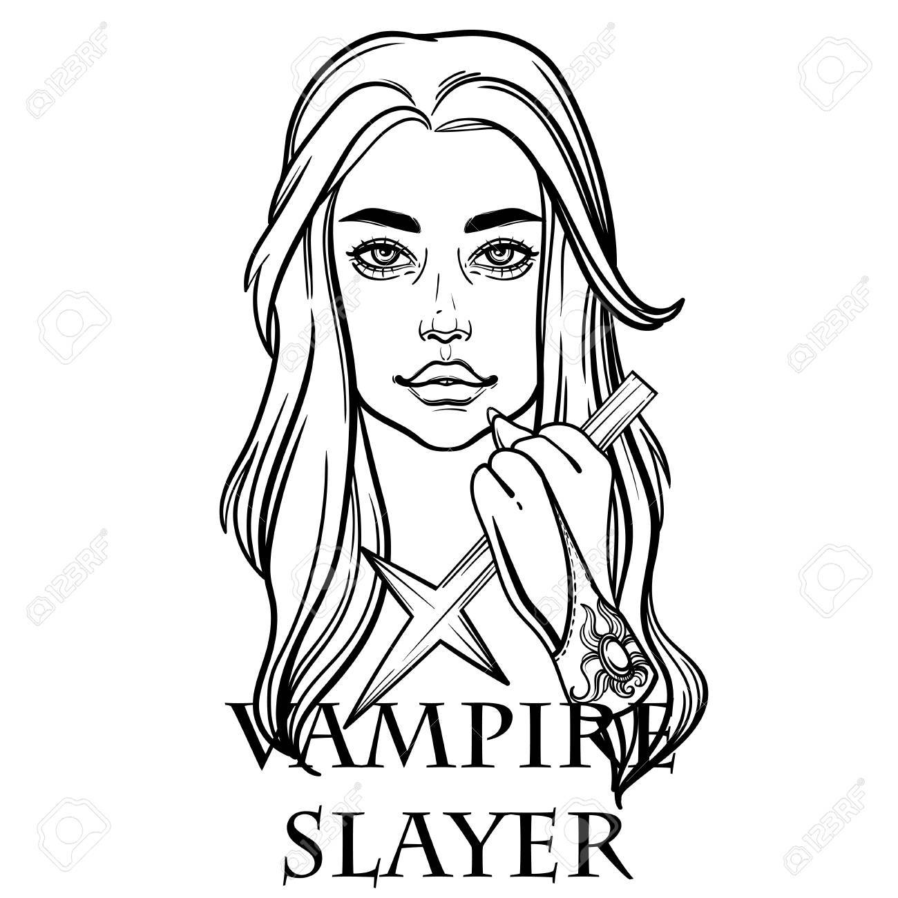 クロスと神秘的な女の子の肖像画 ベクトル イラスト バフィーとのクロス タトゥー ポスター のイラスト素材 ベクタ Image